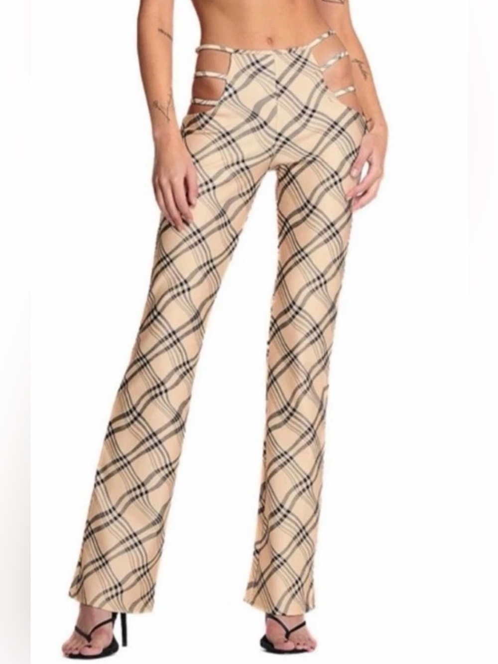 NWT I.Am.Gia Lucid Pant Carmel Tan/Cream Plaid Cutout Waist Wide-Leg sz Small S